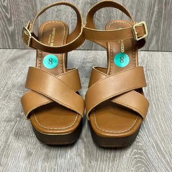 NEW Christian Di Riccio Made In Italy Leather Wedge Platform Sandals Cognac 39 - Picture 2 of 14